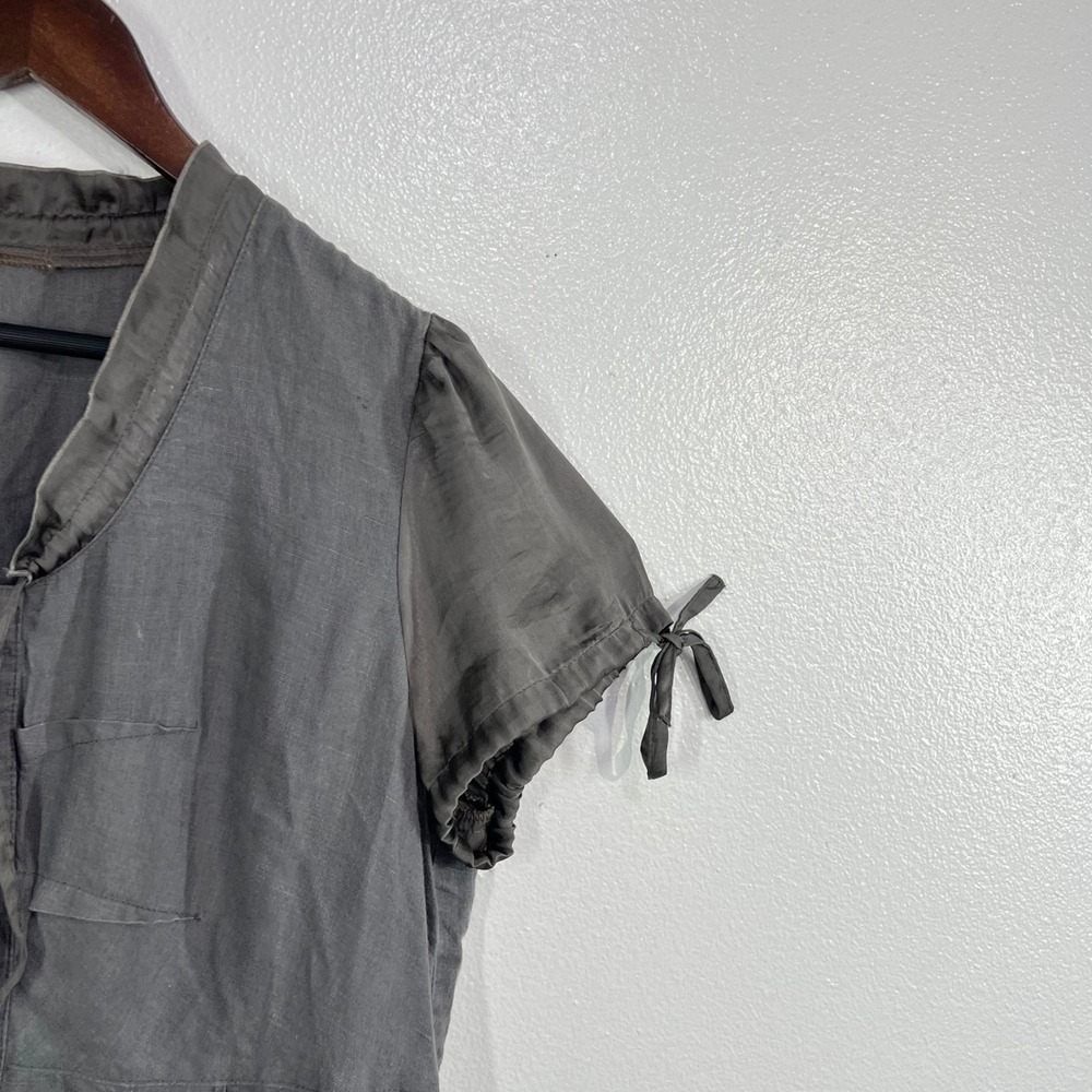 Kalinka Belarus 100% Linen  Dress Size L Gray Ruffle Neck Puff Sleeve Bubble Hem - Picture 7 of 11